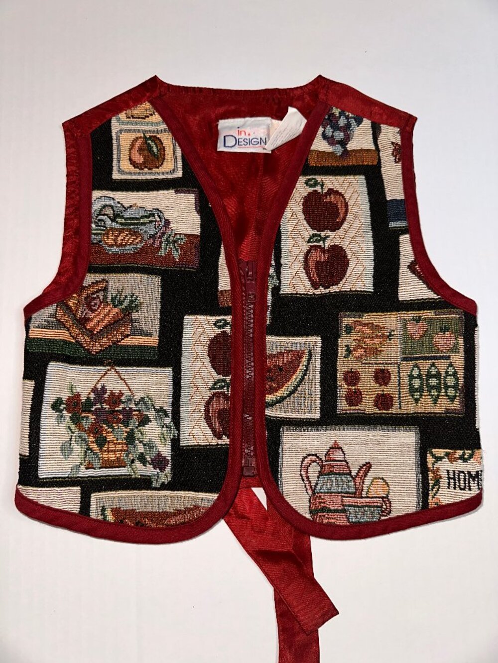 VTG Tapestry Vest Burgundy Apples Grannycore Cottagecore Sz 5 girls In Design746